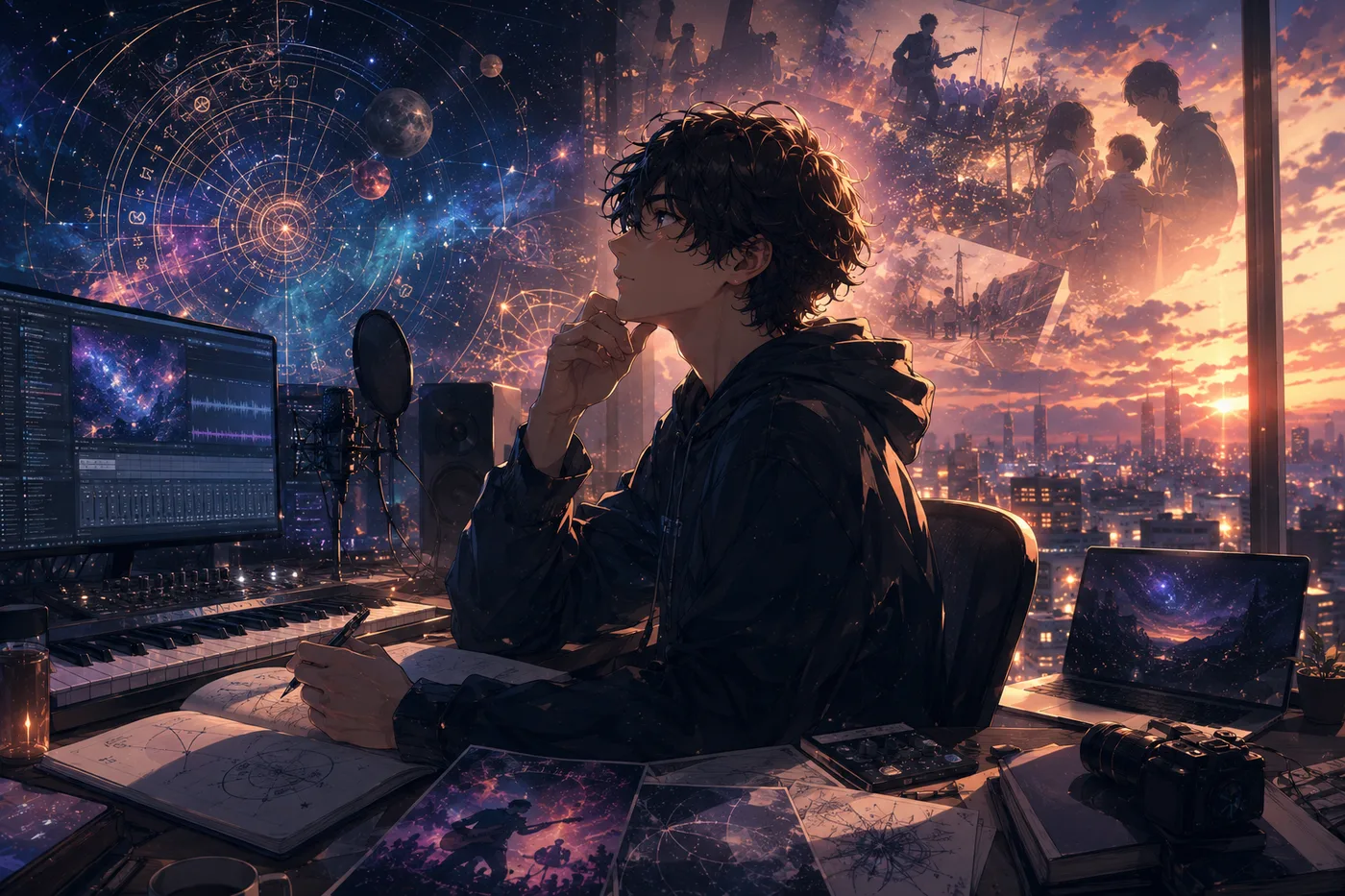 音楽・映像・占いのアプリを生み出す、ある夜のLOHI MUSIC LABの作業風景（人物イメージ）