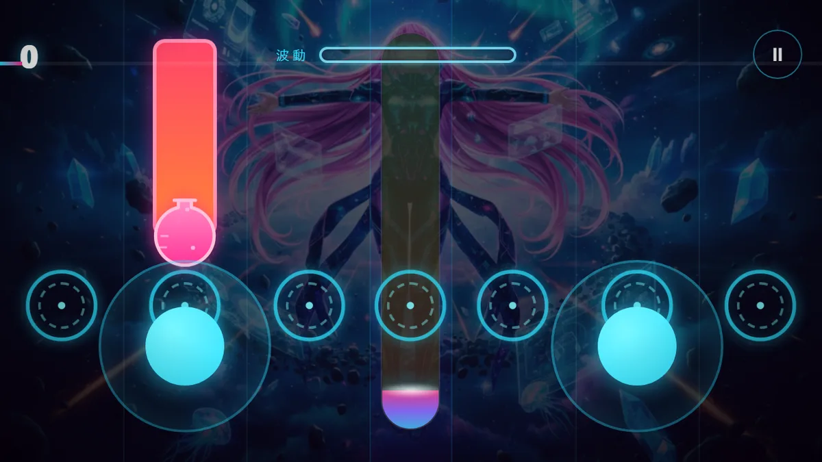 プレイ画面。判定リングにノーツが降る