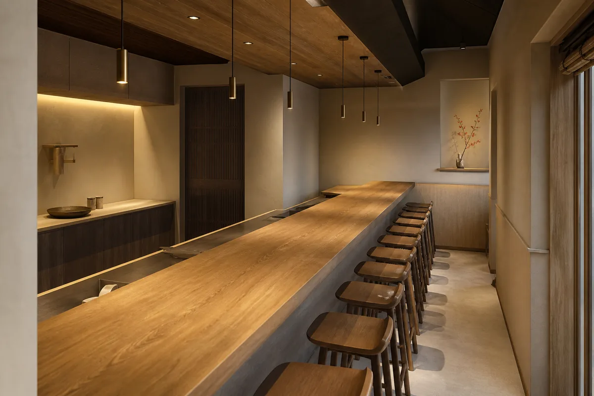 木のカウンター12席が並ぶ落ち着いた和モダンの店内